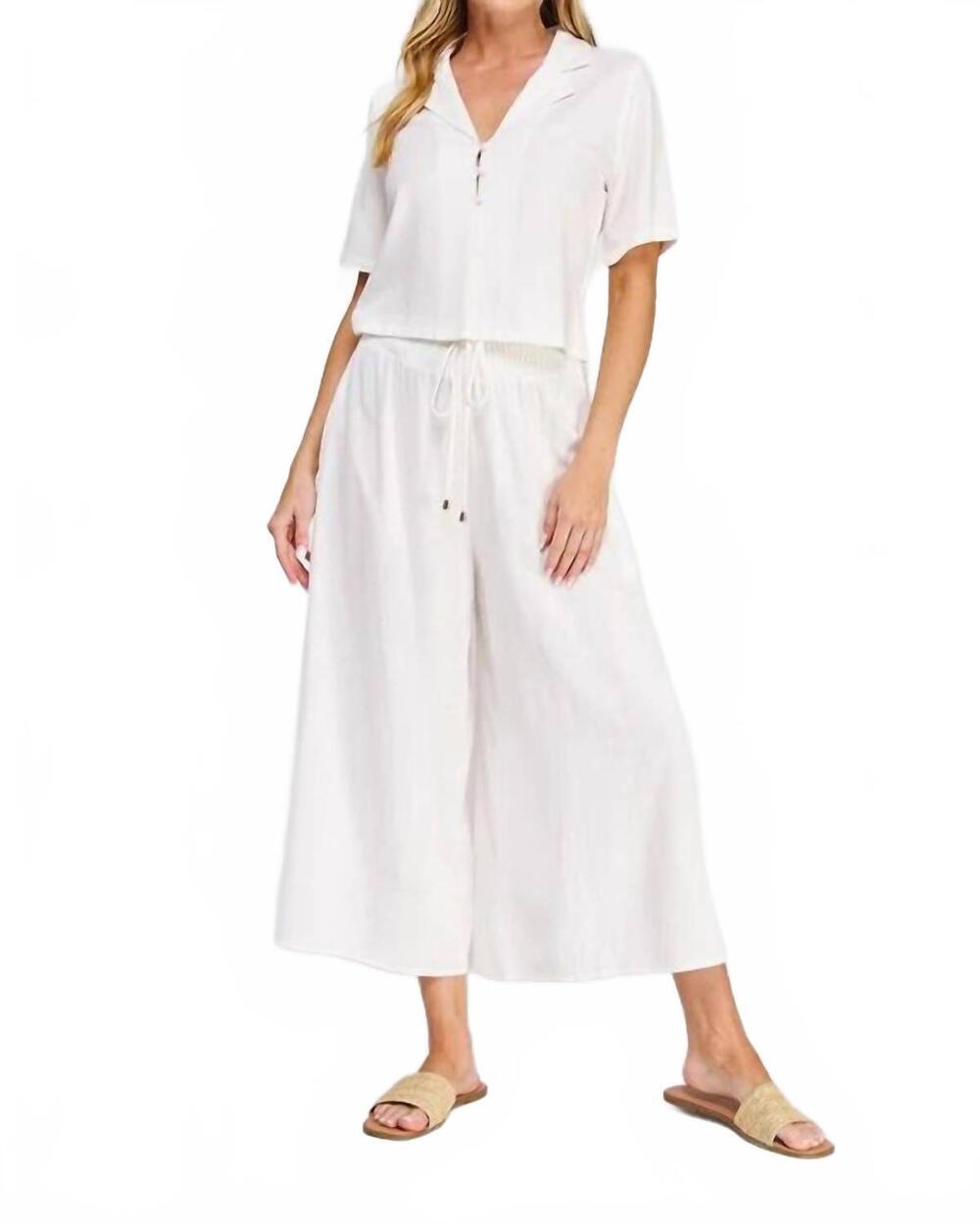 NEW ALLIE ROSE soft linen smocked tie waist flowy capri in white